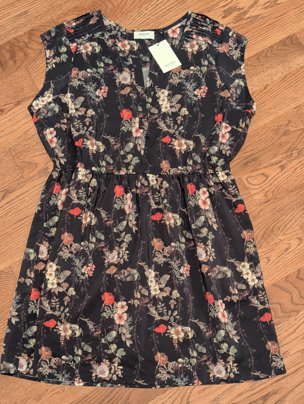 Short Story: Women's Petite Large Floral Black Dress with Red & Cream Accents